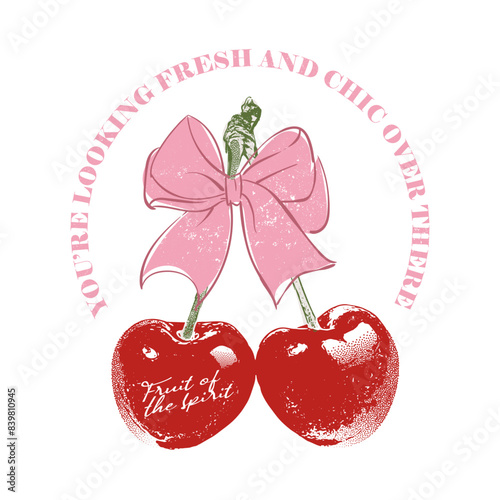 Girls graphics for fruit design, cherry bow with slogan typography, fruit of the sprit text print, slogan with cute cherry illustration. Vector graphic design for t-shirt