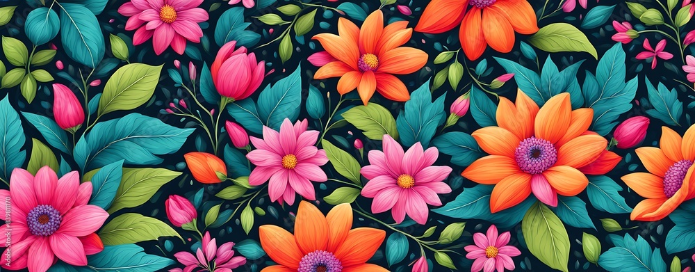 Lush Floral Pattern with Vivid Flowers and Leaves - Background for Invitation or Mother's Day Card
Lush Floral Pattern with Vivid Flowers and Leaves - Background for Invitation or Mother's Day Card