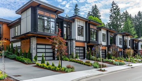 A row of buildings with plants and a garden. Modern townhomes with large windows