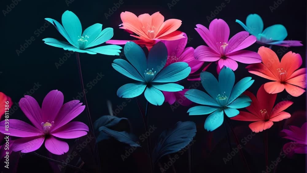 Close-up of colorful flowers blooming in the dark, background Close-up of colorful flowers blooming in the dark, background