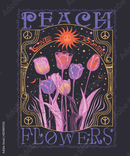 Vintage flowers girls graphic in vector , Women's Genuine Tulips Boxy Crusher Tee, typography slogan with b/w rose illustration, flower abstract,  