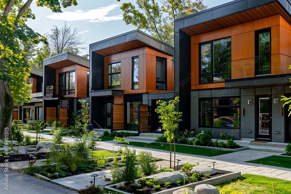 A row of buildings with plants and a garden. Modern townhomes with large windows