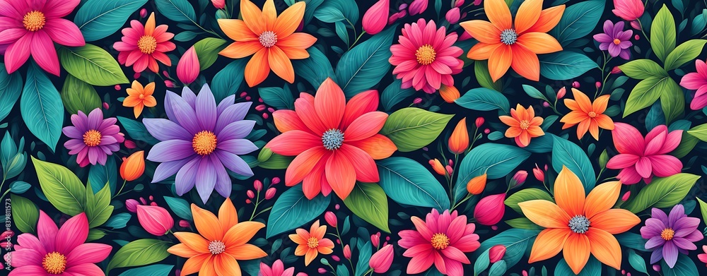 Lush Floral Pattern with Vivid Flowers and Leaves - Background for Invitation or Mother's Day Card
Lush Floral Pattern with Vivid Flowers and Leaves - Background for Invitation or Mother's Day Card