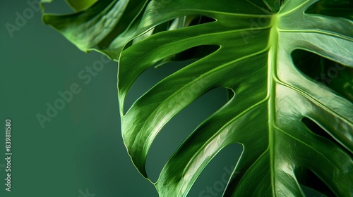 close up monstera leaf on green background, copy space