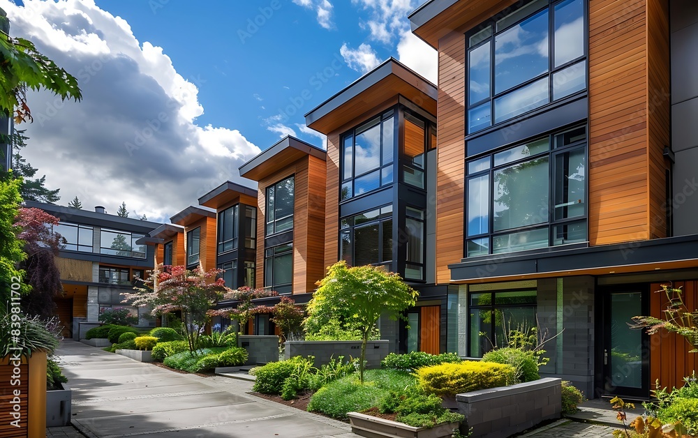 A row of buildings with trees and plants A row of buildings with trees and plants