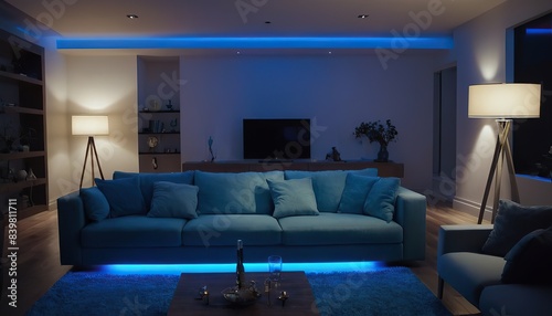 Comfortable modern living room illuminated by blue lighting