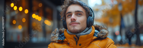 Background of a smiling young man listening to music on the street on an autumn afternoon.