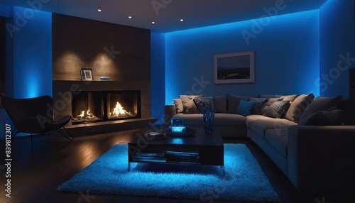 Comfortable modern living room illuminated by blue lighting