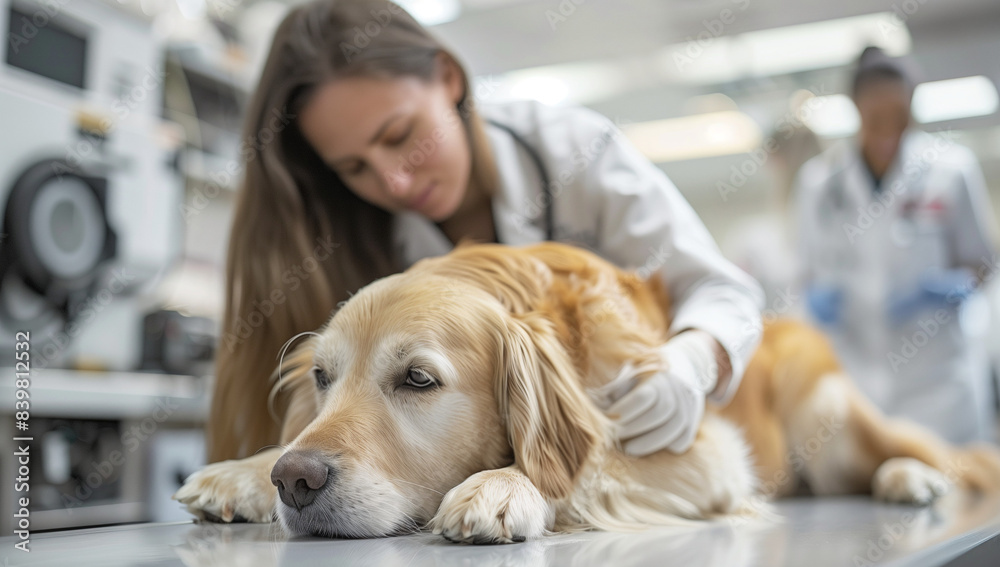 Veterinarian Comforting Golden Retriever During Health Checkup