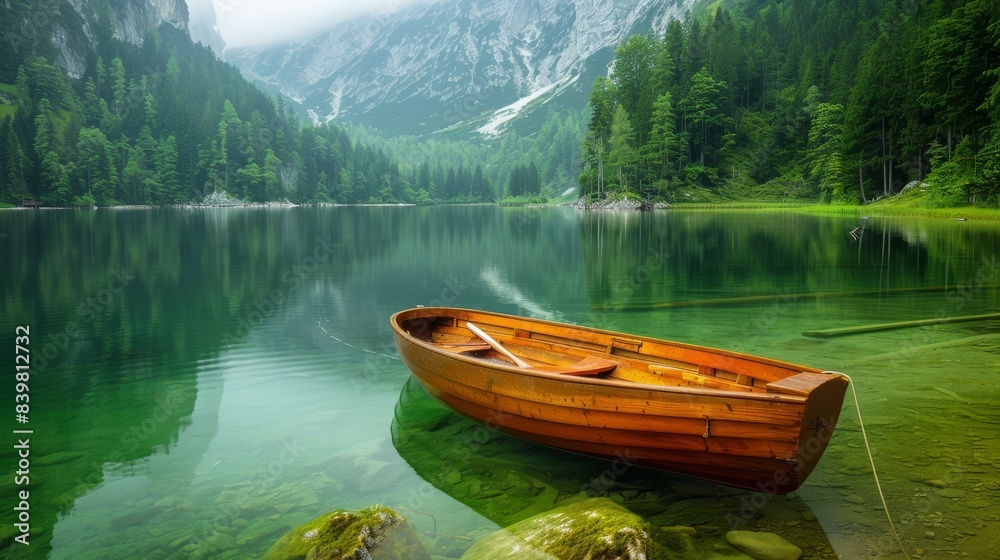 Calm Lake Braies landscape, small boat in still water, summer scenery, green forest, clear day, serene environment Calm Lake Braies landscape, small boat in still water, summer scenery, green forest, clear day, serene environment