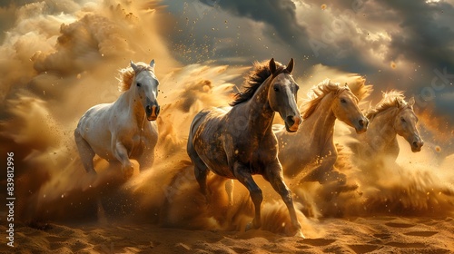 Horses run fast in sand against dramatic sky