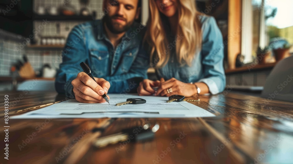 Happy homeowners signing paperwork for their new house, surrounded by keys and real estate documents Happy homeowners signing paperwork for their new house, surrounded by keys and real estate documents