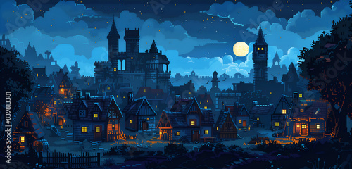 pixel art of an old village at night, with a dark blue and grey color palette,  © Anuson