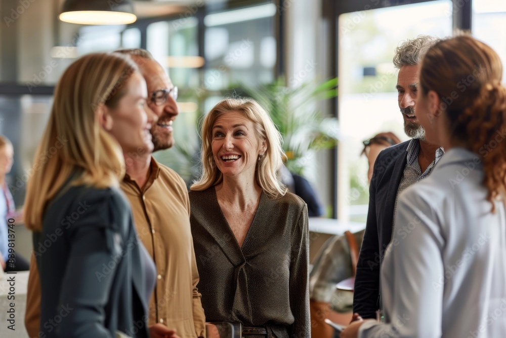 Group of business people talking and laughing while standing in a modern office Group of business people talking and laughing while standing in a modern office