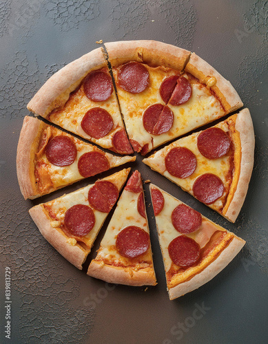 Sliced pepperoni pizza on dark surface with herbs and spices © homydesign