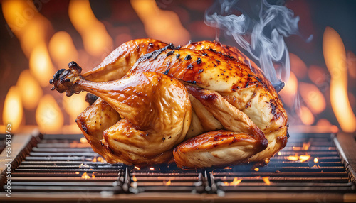A whole roasted chicken sizzling on a grill with flames in the background © homydesign