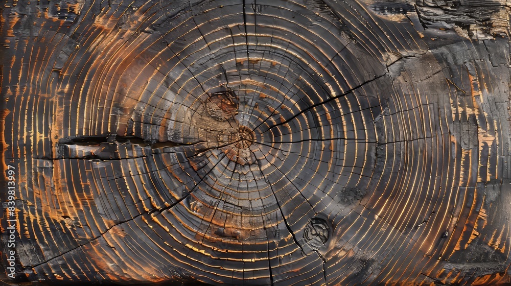Aged wood surface, prominent circular patterns from annual rings, rough texture, natural wear and tear Aged wood surface, prominent circular patterns from annual rings, rough texture, natural wear and tear