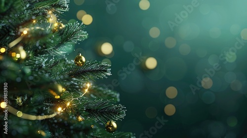 Green Christmas tree with sparkling lights on green background 3D Rendering, 3D Illustration
