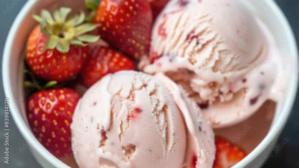 Close-up of a bowl filled strawberry ice cream and fresh strawberries 4K clip Close-up of a bowl filled strawberry ice cream and fresh strawberries 4K clip