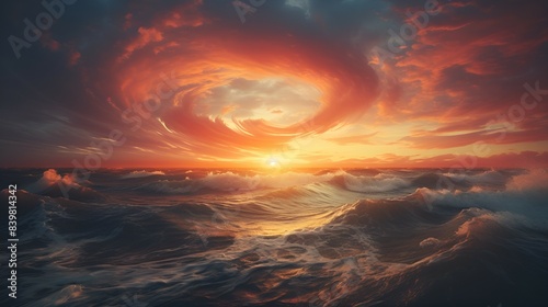 Sunset over the ocean with waves and clouds creating a peaceful setting.