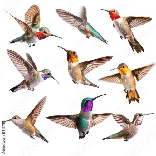 beautiful collection set of diffrent hummingbird birds in flight isolated on white background 