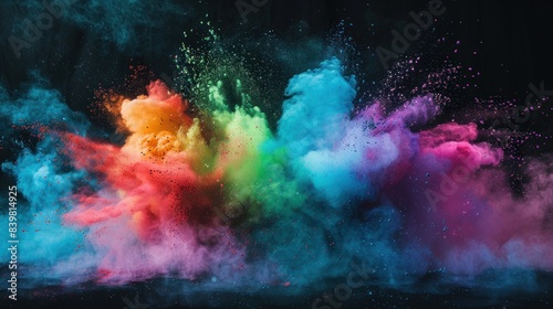 an explosion of bright colors with a combination of blues, yellows, reds and pinks blending and spreading across the black background.