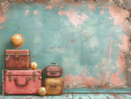 Travel illustration with a border of vintage suitcases and globes on a pastel background