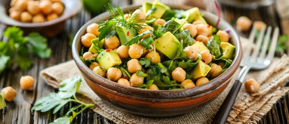 A chickpea salad with avocado, tomatoes, and fresh herbs served in a ceramic bowl on a rustic table A chickpea salad with avocado, tomatoes, and fresh herbs served in a ceramic bowl on a rustic table
