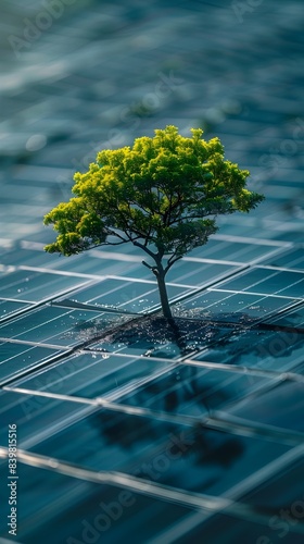 Young Thriving Tree at the Center of Solar Panels Symbolizing the Promising Future of Renewable Energy Solutions for a Sustainable Tomorrow