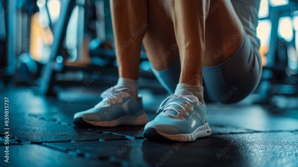 A woman is kneeling down with her leg propped up on a gym floor