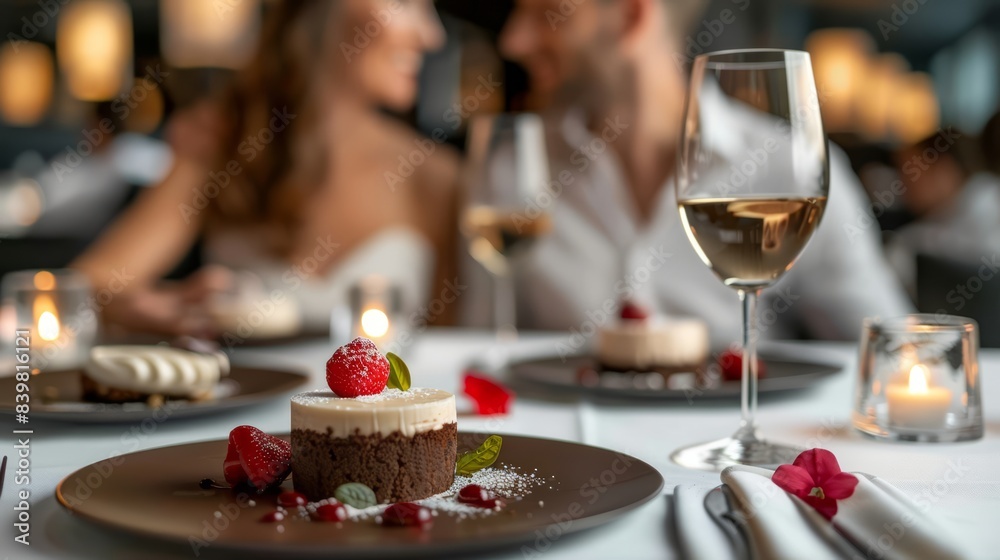 Romantic couple savoring desserts at a beautifully set table in an exclusive restaurant Romantic couple savoring desserts at a beautifully set table in an exclusive restaurant