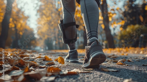 A person is walking on a path with a black brace on their leg