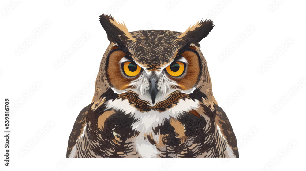 Obraz premium A large owl with yellow eyes stares at the camera. Isolated on transparent background.
