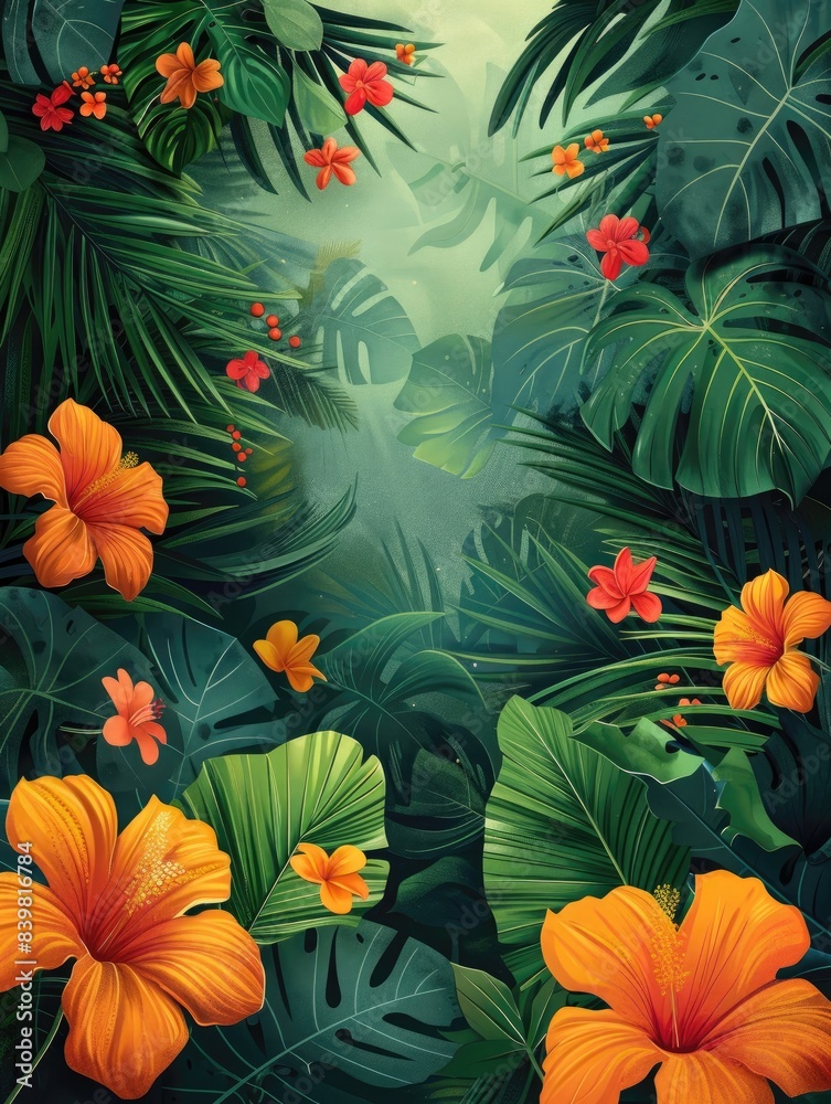 Illustration of a jungle expedition with a border of exotic plants and animals on a green background Illustration of a jungle expedition with a border of exotic plants and animals on a green background