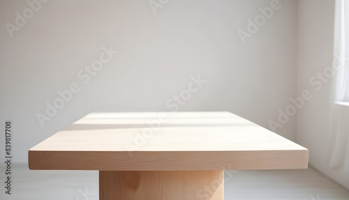 Minimal empty wooden table with sunlight 