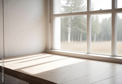 Minimal empty wooden table with sunlight  