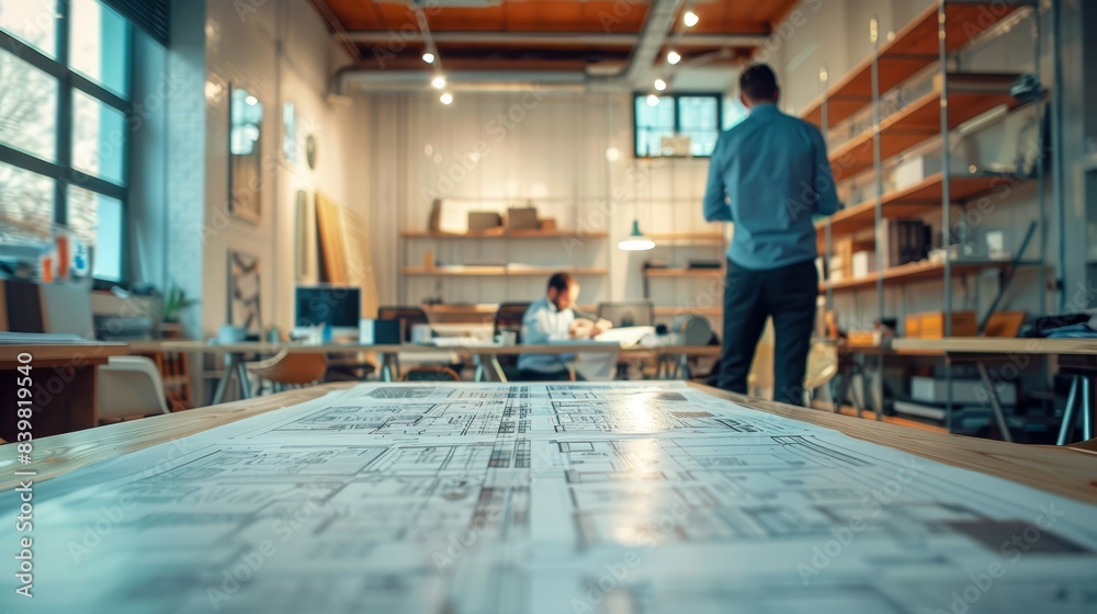 Business team meeting with an architect in an empty office, reviewing floor plans spread out on a table
