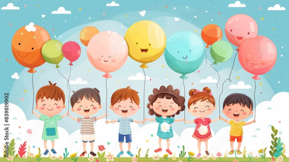 Cartoon vector children releasing balloons with messages about protecting the ozone layer Generative AI Cartoon vector children releasing balloons with messages about protecting the ozone layer Generative AI
