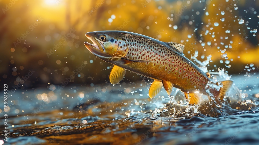 Fish Above Water: Jumping Rainbow Trout with Copy Space Panoramic Banner Fish Above Water: Jumping Rainbow Trout with Copy Space Panoramic Banner