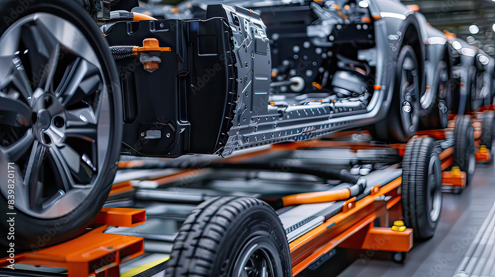 Mass production assembly line of electric vehicle close-up view. Mass production assembly line of electric vehicle close-up view.