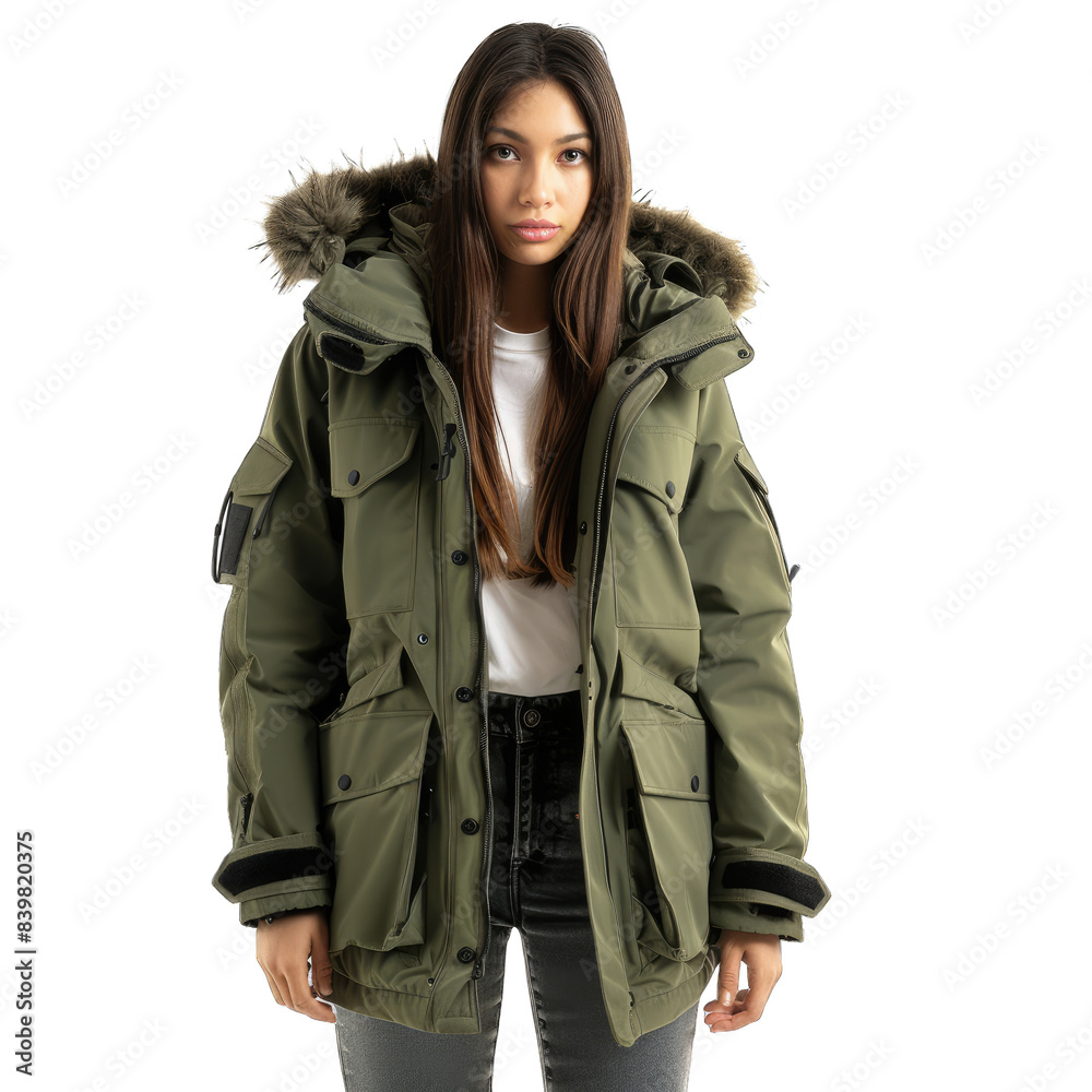 An attractive woman wearing warm jacket, isolated on transparent background , PSD An attractive woman wearing warm jacket, isolated on transparent background , PSD