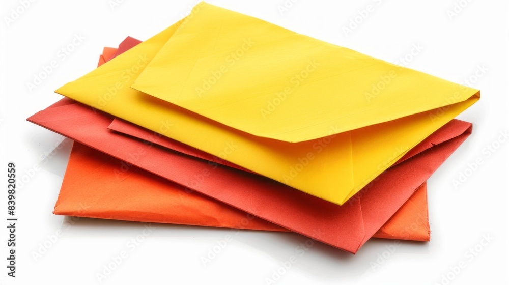 Three envelopes stacked on top of each other, one yellow, one orange Three envelopes stacked on top of each other, one yellow, one orange