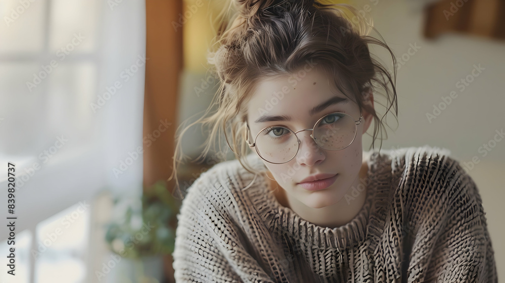 Cute woman with glasses, her hair in a messy bun, freckles on her nose, dressed in a cozy oversized sweater, seated by a window with natural light highlighting her face, soft focus background of a Cute woman with glasses, her hair in a messy bun, freckles on her nose, dressed in a cozy oversized sweater, seated by a window with natural light highlighting her face, soft focus background of a
