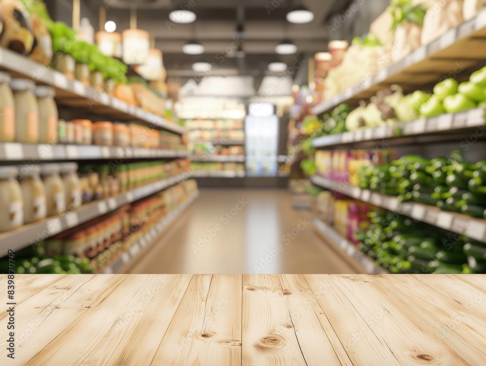 A wooden table in the foreground with blurred grocery store shelves filled with various products in the background.
