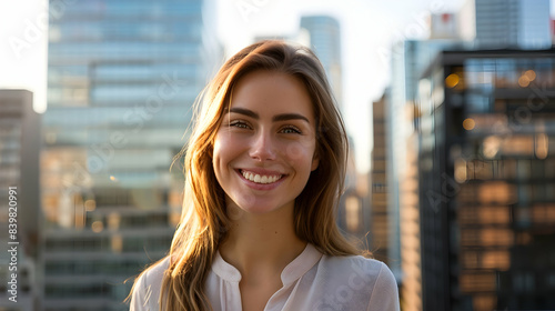 Free Download Smiling portrait of a cute woman with dimples, straight light brown hair parted in the middle, subtle makeup, wearing a pastel-colored blouse, standing in front of a vibrant cityscape with skyscrapers - GFXLoad