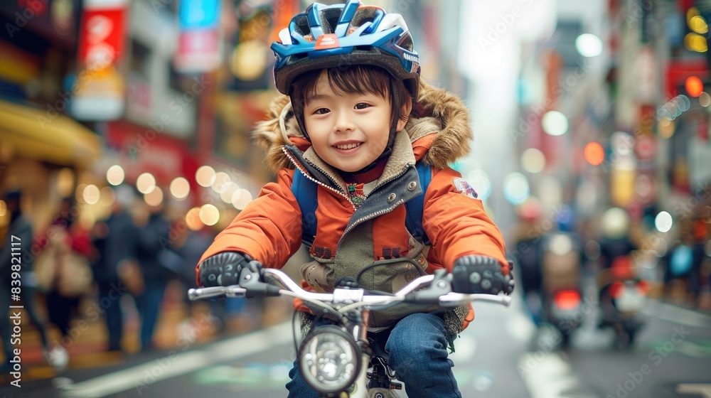 A young boy is riding a bicycle in a crowded street A young boy is riding a bicycle in a crowded street