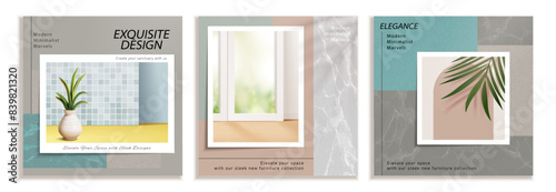 Exquisite interior design template with marble texture and house plants isolated on white background.