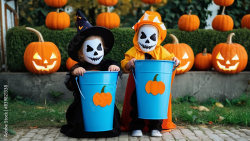 Happy Halloween! funny children in carnival costumes hide their heads behind buckets pumpkins outdoors.