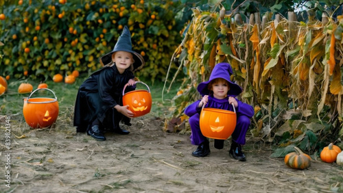 Happy Halloween! funny children in carnival costumes hide their heads behind buckets pumpkins outdoors.