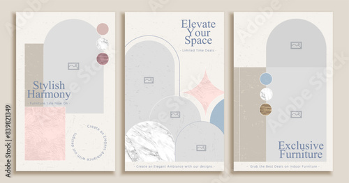 Chic marble brochures with geometric patterns isolated on beige background.